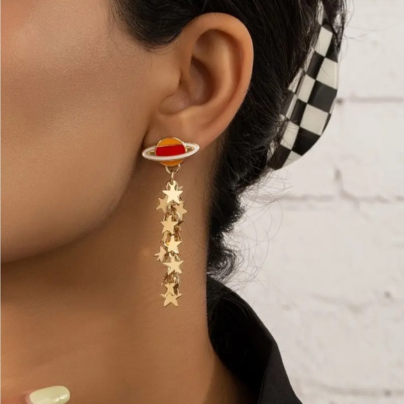 Golden Red Planet Star Tassel Earrings - Picture 2 of 3